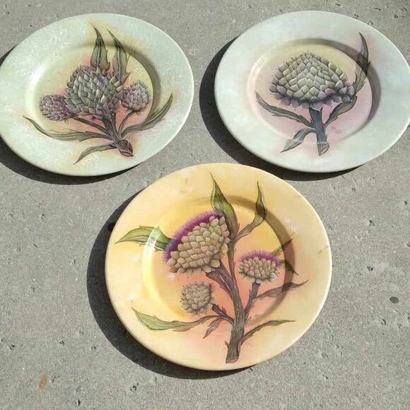 3 meticulously Hand Painted Enamel & Signed Metal Artichoke Collector Display Pl - Picture 2 of 12